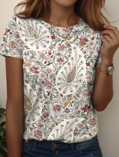 Women's T Shirt Graphic Paisley Vintage Stylish Casual Short Sleeve Crew Neck Regular Tops Daily Weekend Beach Wear Print Black+White+Red Black Pink Dark Green Brown Summer Women T-Shirts|Boho Tops