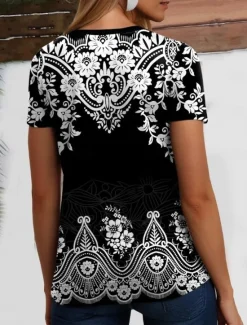 Women's T Shirt Graphic Paisley Vintage Stylish Casual Short Sleeve Crew Neck Regular Tops Daily Weekend Beach Wear Print Black+White+Red Black Pink Dark Green Brown Summer Women T-Shirts|Boho Tops