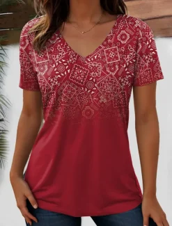 Clearance Women's T Shirt Graphic Paisley Bohemia Stylish Casual Short Sleeve V Neck Regular Tops Daily Weekend Beach Wear Print White / Black Black Red Light Brown Purple Summer Women Boho Tops