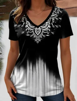 Clearance Women's T Shirt Graphic Paisley Bohemia Stylish Casual Short Sleeve V Neck Regular Tops Daily Weekend Beach Wear Print White / Black Black Red Light Brown Purple Summer Women Boho Tops