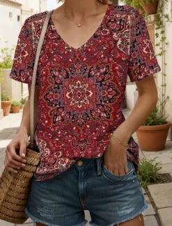 Hot Women's T Shirt Graphic Stylish Casual Boho Short Sleeve Crew Neck Regular Tops Daily Print Summer Spring Women Boho Tops