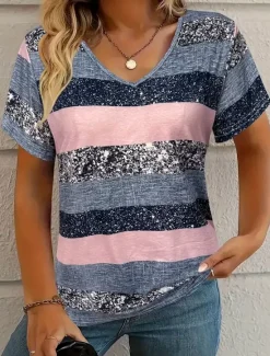 Women's T Shirt Graphic Striped Fashion Stylish Casual Long Sleeve V Neck Regular Tops Daily Sports Going out Print Summer Spring Women Women's Tops