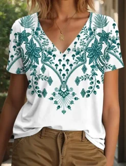Sale Women's T Shirt Graphic Tribal Vintage Stylish Casual Short Sleeve V Neck Regular Tops Daily Print Summer Spring Women Boho Tops|T-Shirts