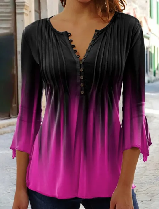 Hot Women's T Shirt Henley Blouse Basic Buttons Print 3/4 Length Sleeve Regular Tops Round Neck Casual Weekend White Pink Red Blue Green Women Tunic Tops|T-Shirts