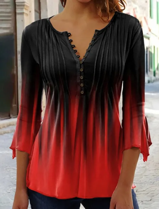 Hot Women's T Shirt Henley Blouse Basic Buttons Print 3/4 Length Sleeve Regular Tops Round Neck Casual Weekend White Pink Red Blue Green Women Tunic Tops|T-Shirts