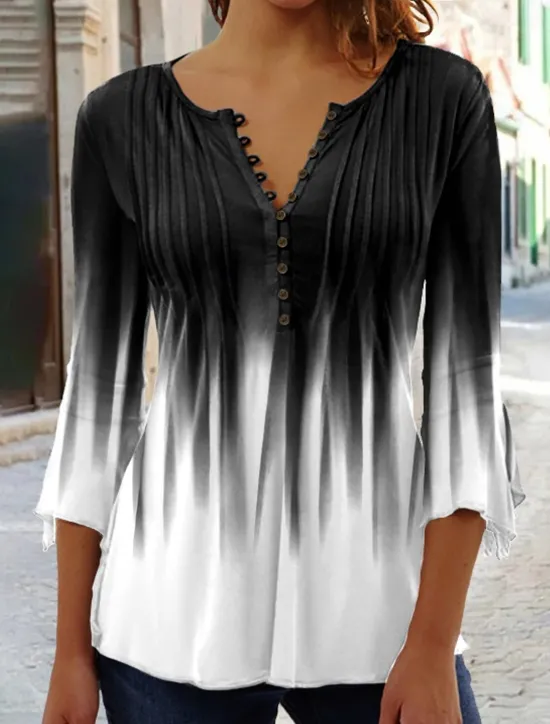 Hot Women's T Shirt Henley Blouse Basic Buttons Print 3/4 Length Sleeve Regular Tops Round Neck Casual Weekend White Pink Red Blue Green Women Tunic Tops|T-Shirts
