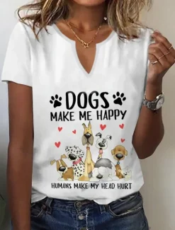 Clearance Women's T Shirt Henley Shirt Basic Dog Letter Print Short Sleeve Regular Tops Round Neck Daily Weekend Black White Red Women T-Shirts