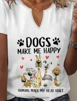 Clearance Women's T Shirt Henley Shirt Basic Dog Letter Print Short Sleeve Regular Tops Round Neck Daily Weekend Black White Red Women T-Shirts