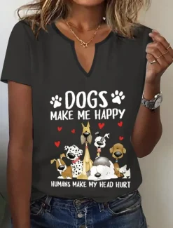 Clearance Women's T Shirt Henley Shirt Basic Dog Letter Print Short Sleeve Regular Tops Round Neck Daily Weekend Black White Red Women T-Shirts