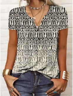 New Women's T Shirt Henley Shirt Graphic Paisley Vintage Basic Short Sleeve V Neck Regular Tops Daily Weekend Print Black Red Blue Women Boho Tops