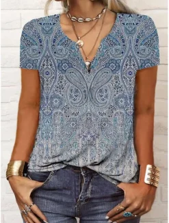 New Women's T Shirt Henley Shirt Graphic Paisley Vintage Basic Short Sleeve V Neck Regular Tops Daily Weekend Print Black Red Blue Women Boho Tops