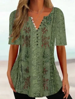 Women's T Shirt Henley Shirt Floral Tunic Basic Short Sleeve Round Neck Regular Tops Holiday Weekend Buttons Print White Yellow Light Green Blue Green Women Tunic Tops