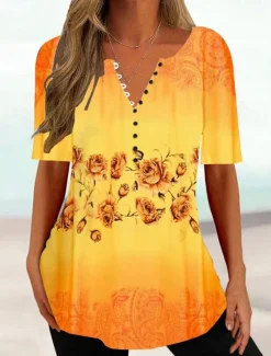 Women's T Shirt Henley Shirt Floral Tunic Basic Short Sleeve Round Neck Regular Tops Holiday Weekend Buttons Print White Yellow Light Green Blue Green Women Tunic Tops