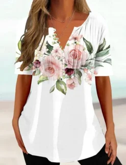 Sale Women's T Shirt Henley Shirt Floral Butterfly Tunic Basic Short Sleeve Round Neck Regular Tops Holiday Weekend Buttons Print White Purple Women Tunic Tops
