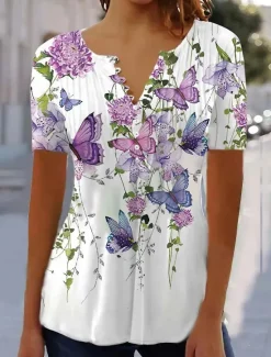 Sale Women's T Shirt Henley Shirt Floral Butterfly Tunic Basic Short Sleeve Round Neck Regular Tops Holiday Weekend Buttons Print White Purple Women Tunic Tops