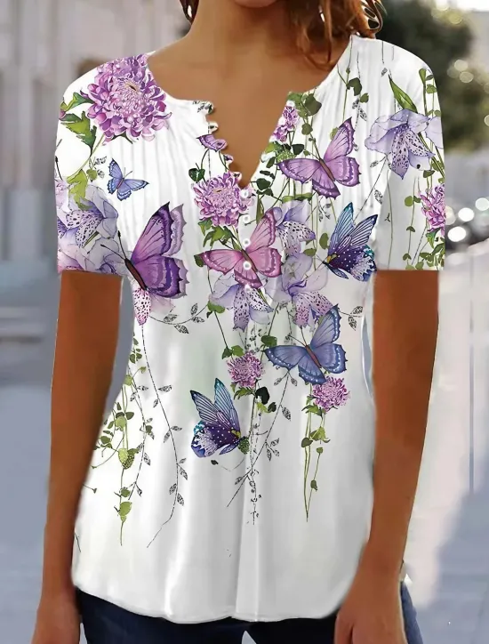 Sale Women's T Shirt Henley Shirt Floral Butterfly Tunic Basic Short Sleeve Round Neck Regular Tops Holiday Weekend Buttons Print White Purple Women Tunic Tops