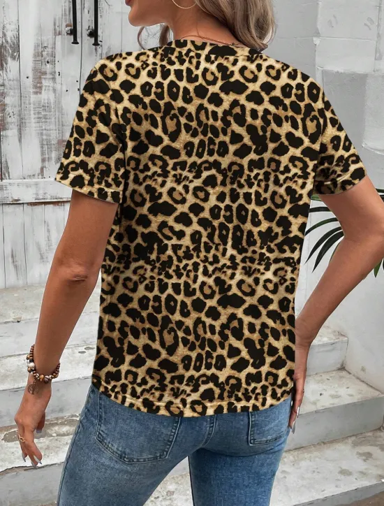 Sale Women's T Shirt Leopard Casual Short Sleeve Round Neck Regular Tops Daily Print Summer Women T-Shirts