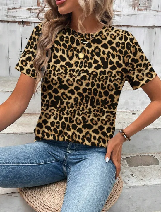 Sale Women's T Shirt Leopard Casual Short Sleeve Round Neck Regular Tops Daily Print Summer Women T-Shirts