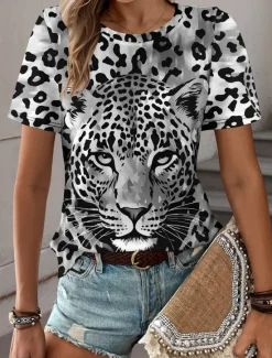 Discount Women's T Shirt Leopard Fashion Short Sleeve Crew Neck Regular Tops Daily Weekend Print Blue Purple Fuchsia Green Gray Summer Women T-Shirts