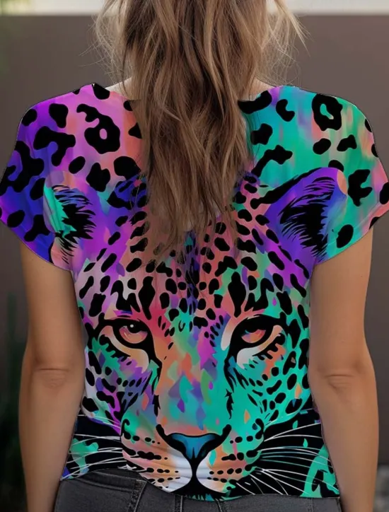 Discount Women's T Shirt Leopard Fashion Short Sleeve Crew Neck Regular Tops Daily Weekend Print Blue Purple Fuchsia Green Gray Summer Women T-Shirts
