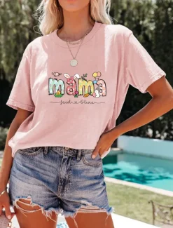 New Women's T Shirt Letter Fashion Short Sleeve Round Neck Regular Tops Weekend Print White Pink Orange Green Beige Summer Women T-Shirts