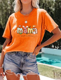 New Women's T Shirt Letter Fashion Short Sleeve Round Neck Regular Tops Weekend Print White Pink Orange Green Beige Summer Women T-Shirts