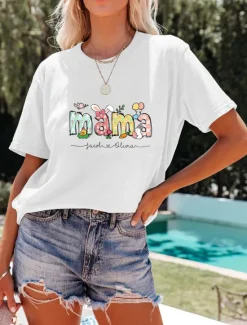 New Women's T Shirt Letter Fashion Short Sleeve Round Neck Regular Tops Weekend Print White Pink Orange Green Beige Summer Women T-Shirts