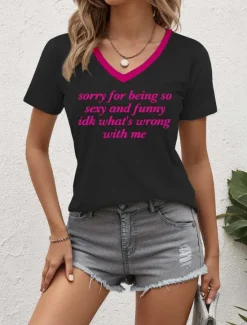 Women's T Shirt Letter Stylish Casual Short Sleeve V Neck Regular Tops Daily Print Summer Women T-Shirts