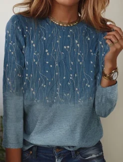 Best Women's T shirt Long Sleeve Crew Neck Long Sleeve Tunic Elegant Basic Floral Print Regular Tops Round Neck Holiday Weekend Blue Fuchsia Gray Light Blue Fall & Winter Prefall Women Spring Tops