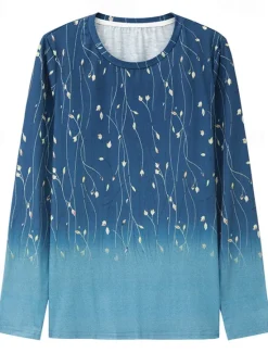 Best Women's T shirt Long Sleeve Crew Neck Long Sleeve Tunic Elegant Basic Floral Print Regular Tops Round Neck Holiday Weekend Blue Fuchsia Gray Light Blue Fall & Winter Prefall Women Spring Tops