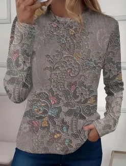 New Women's T shirt Long Sleeve Crew Neck Long Sleeve Tunic Floral Casual Regular Tops Daily Print Sage Green Pink Blue Sky Blue Purple Spring Fall Prefall Women Spring Tops