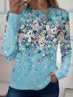 New Women's T shirt Long Sleeve Crew Neck Long Sleeve Tunic Floral Casual Regular Tops Daily Print Sage Green Pink Blue Sky Blue Purple Spring Fall Prefall Women Spring Tops
