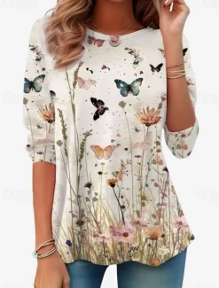 New Women's T shirt Long Sleeve Crew Neck Long Sleeve Tunic Floral Casual Regular Tops Daily Print Sage Green Pink Blue Sky Blue Purple Spring Fall Prefall Women Spring Tops
