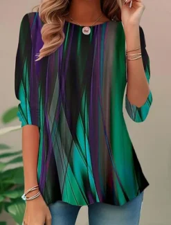 Hot Women's T shirt Long Sleeve Ombre Casual Long Tops Daily Print Black Blue Dark Green Spring, Fall, Winter, Prefall Women Tunic Tops
