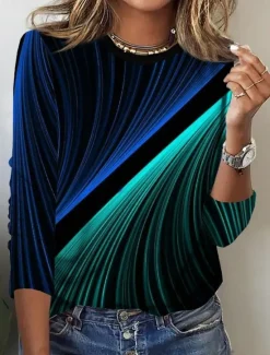 Hot Women's T shirt Long Sleeve Ombre Casual Long Tops Daily Print Black Blue Dark Green Spring, Fall, Winter, Prefall Women Tunic Tops