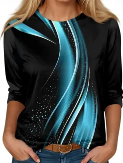 Hot Women's T shirt Long Sleeve Ombre Casual Long Tops Daily Print Black Blue Dark Green Spring, Fall, Winter, Prefall Women Tunic Tops