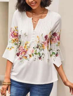 Clearance Women's T shirt Long Sleeve Basic Floral Buttons Print 3/4 Length Sleeve Regular Tops Round Neck Casual Holiday Prefall Women Spring Tops