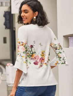 Clearance Women's T shirt Long Sleeve Basic Floral Buttons Print 3/4 Length Sleeve Regular Tops Round Neck Casual Holiday Prefall Women Spring Tops