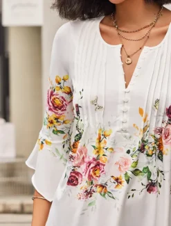 Clearance Women's T shirt Long Sleeve Basic Floral Buttons Print 3/4 Length Sleeve Regular Tops Round Neck Casual Holiday Prefall Women Spring Tops