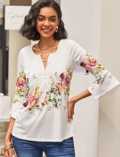 Clearance Women's T shirt Long Sleeve Basic Floral Buttons Print 3/4 Length Sleeve Regular Tops Round Neck Casual Holiday Prefall Women Spring Tops