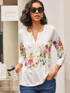 Clearance Women's T shirt Long Sleeve Basic Floral Buttons Print 3/4 Length Sleeve Regular Tops Round Neck Casual Holiday Prefall Women Spring Tops