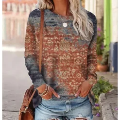 Clearance Women's T shirt Long Sleeve Crew Neck Long Sleeve Tunic Graphic Vintage Ethnic Round Neck Regular Tops Daily Weekend Print Red Blue Purple Orange Green Fall & Winter Prefall Women Boho Tops