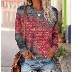 Clearance Women's T shirt Long Sleeve Crew Neck Long Sleeve Tunic Graphic Vintage Ethnic Round Neck Regular Tops Daily Weekend Print Red Blue Purple Orange Green Fall & Winter Prefall Women Boho Tops
