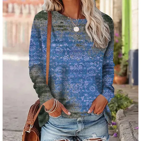 Clearance Women's T shirt Long Sleeve Crew Neck Long Sleeve Tunic Graphic Vintage Ethnic Round Neck Regular Tops Daily Weekend Print Red Blue Purple Orange Green Fall & Winter Prefall Women Boho Tops