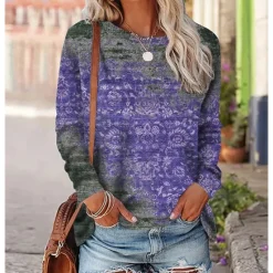 Clearance Women's T shirt Long Sleeve Crew Neck Long Sleeve Tunic Graphic Vintage Ethnic Round Neck Regular Tops Daily Weekend Print Red Blue Purple Orange Green Fall & Winter Prefall Women Boho Tops