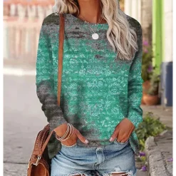 Clearance Women's T shirt Long Sleeve Crew Neck Long Sleeve Tunic Graphic Vintage Ethnic Round Neck Regular Tops Daily Weekend Print Red Blue Purple Orange Green Fall & Winter Prefall Women Boho Tops