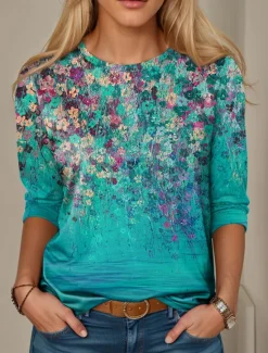 Outlet Women's T shirt Long Sleeve Casual Print Regular Tops Daily Blue Purple Spring Fall Prefall Women Spring Tops