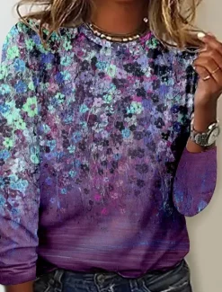 Outlet Women's T shirt Long Sleeve Casual Print Regular Tops Daily Blue Purple Spring Fall Prefall Women Spring Tops