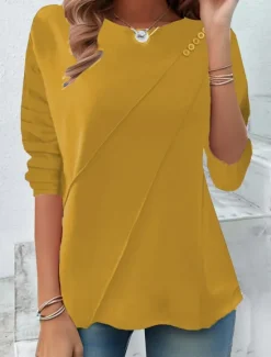 Best Women's T shirt Long Sleeve Solid Color Stylish Casual Long Sleeve Crew Neck Regular Tops Daily Buttons Black Yellow Red Blue Spring Prefall Women T-Shirts