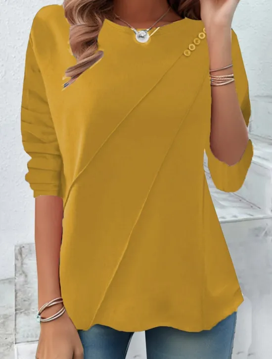 Best Women's T shirt Long Sleeve Solid Color Stylish Casual Long Sleeve Crew Neck Regular Tops Daily Buttons Black Yellow Red Blue Spring Prefall Women T-Shirts